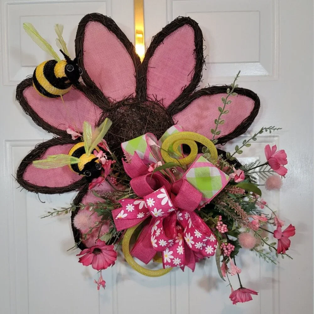 Pink Sunflower with Bees Wreath, Pink Sunflower/Bee‎ Front Door Wreath